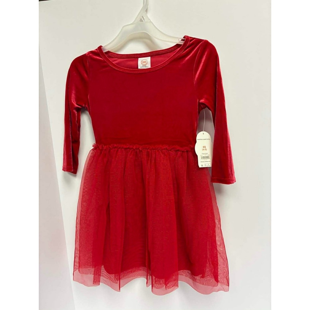Wonder Nation Girls XS (4-5) Red Long Sleeve Velour Tutu Dress X-MAS NWT